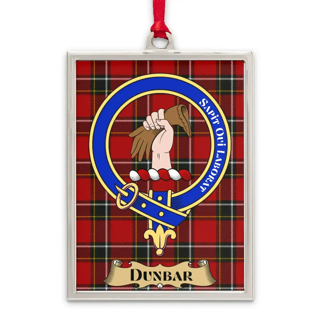 Dunbar tartan-background crest ornament shown as a Scottish heritage keepsake gift