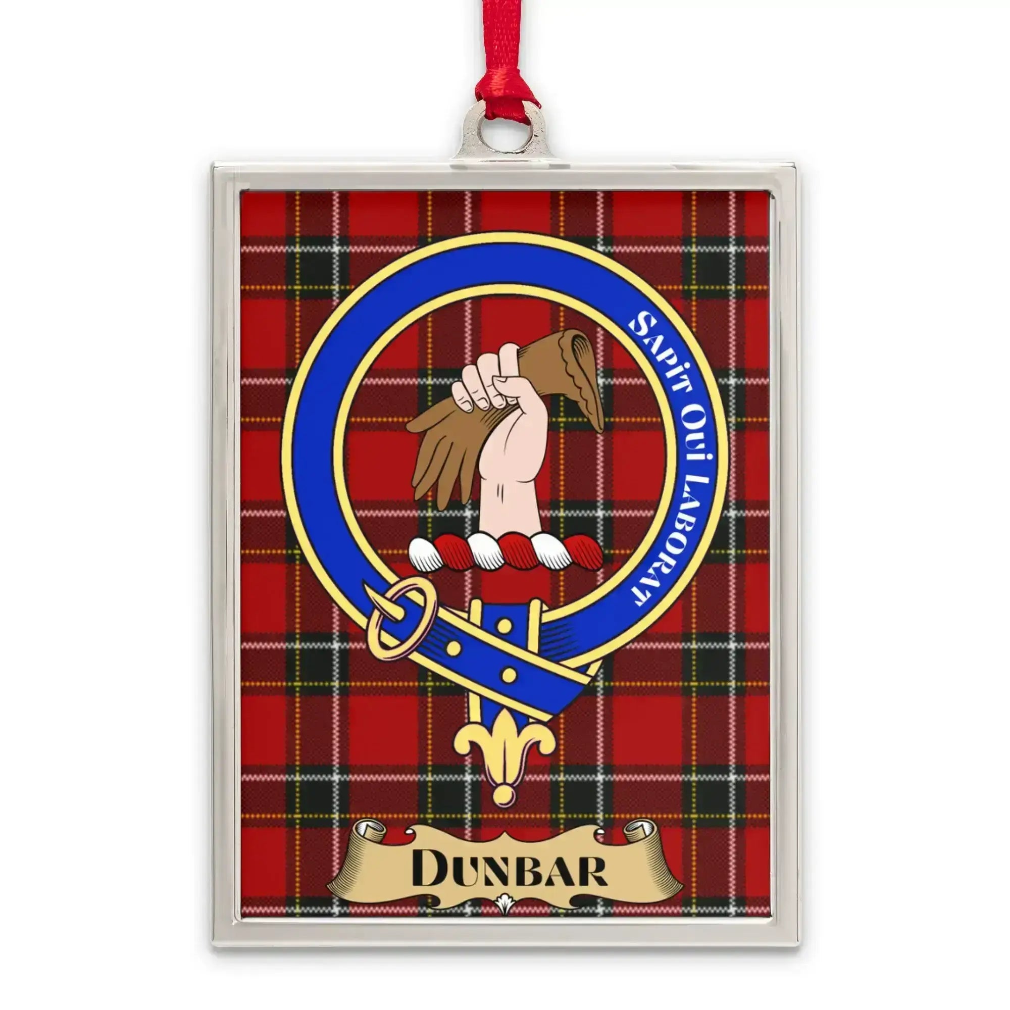 Dunbar tartan-background crest ornament shown as a Scottish heritage keepsake gift