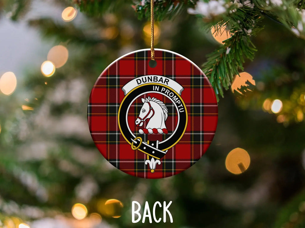 Dunbar tartan ceramic ornament — 3 inch double-sided, crest and motto In Promptu