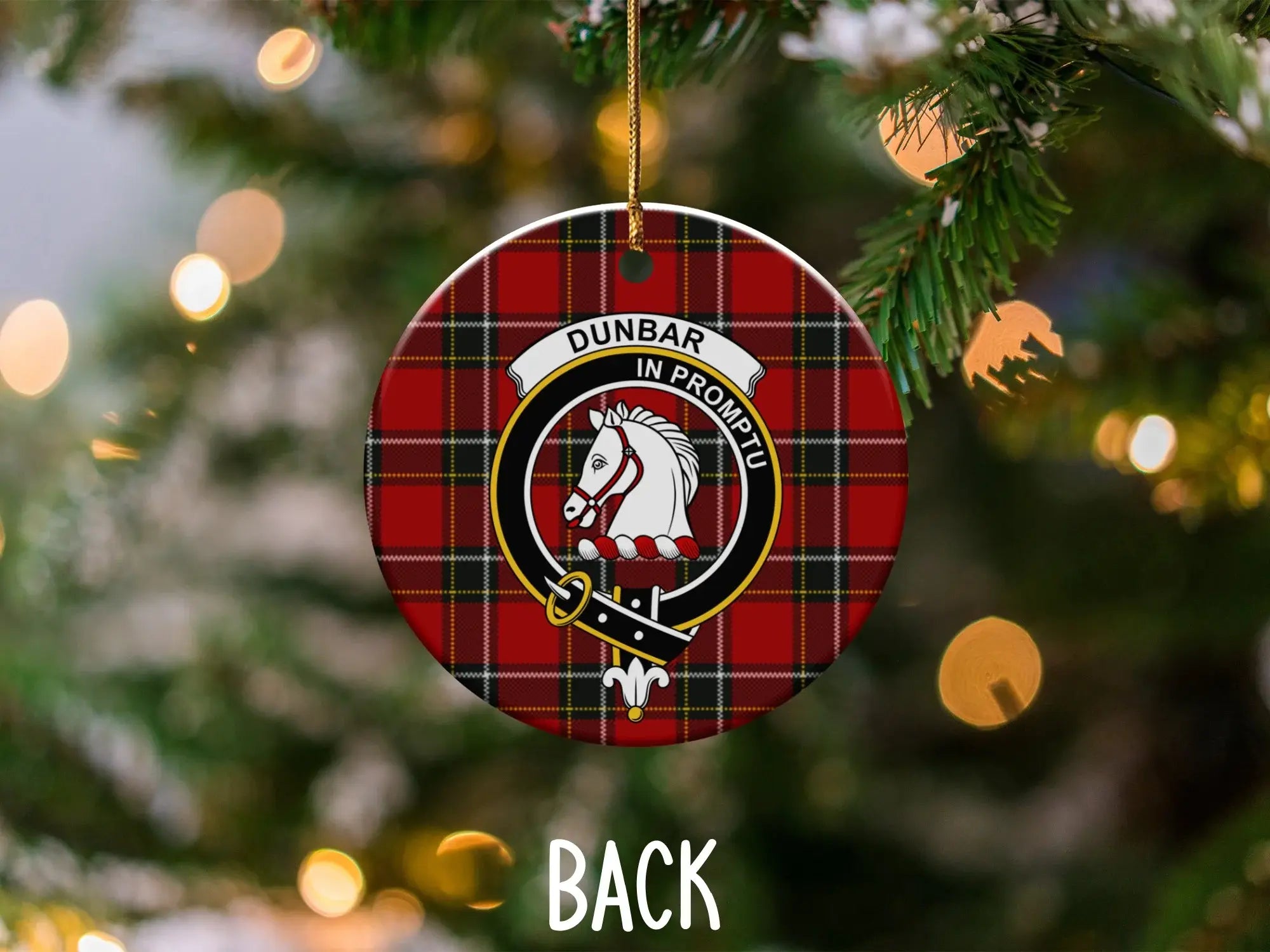 Dunbar tartan ceramic ornament — 3 inch double-sided, crest and motto In Promptu