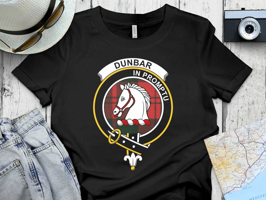 Clan Dunbar crest tartan t-shirt in navy — front view, printed clan crest and motto In Promptu