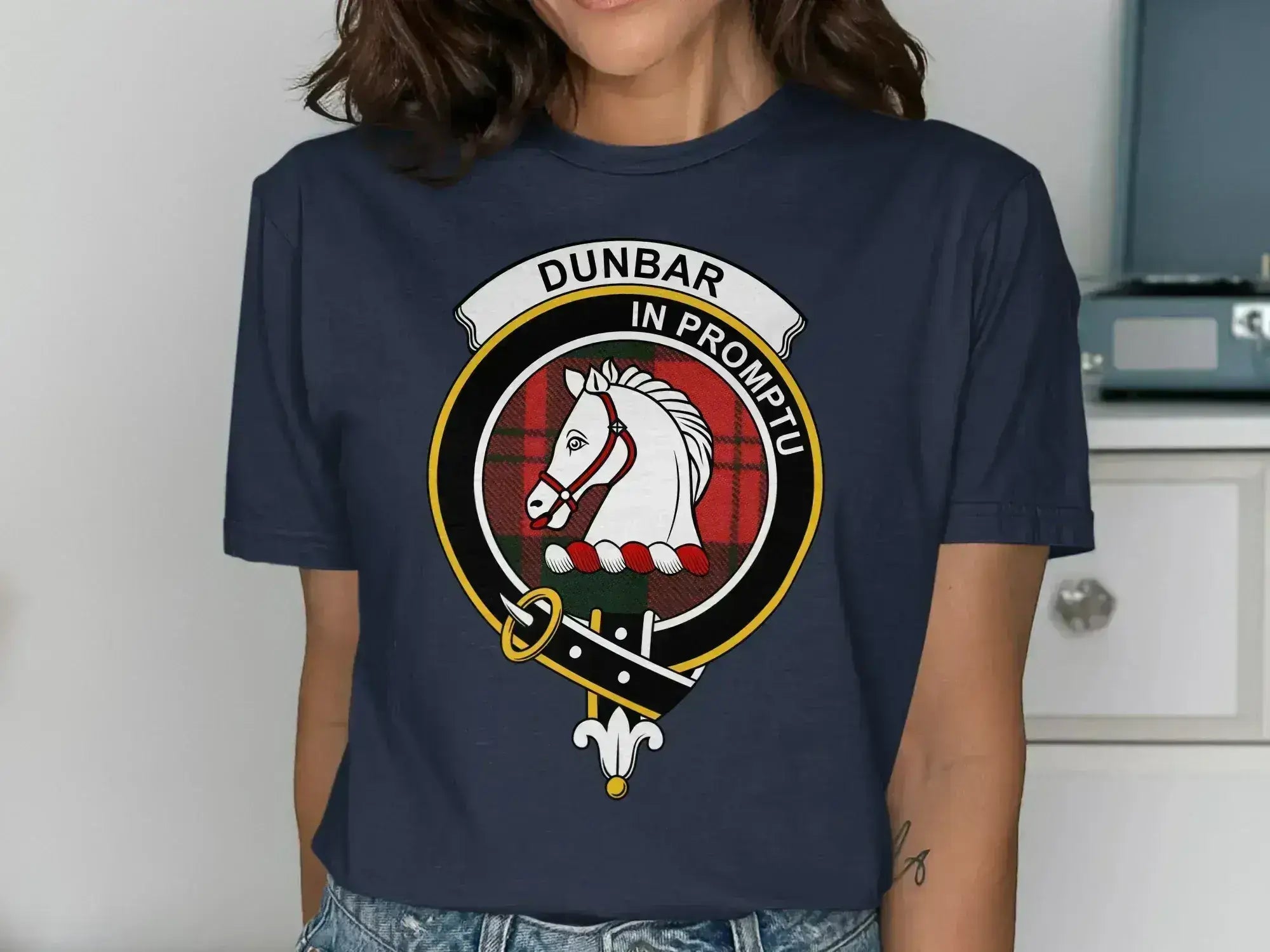 Dunbar clan crest tee in black — soft cotton, front graphic, relaxed unisex fit