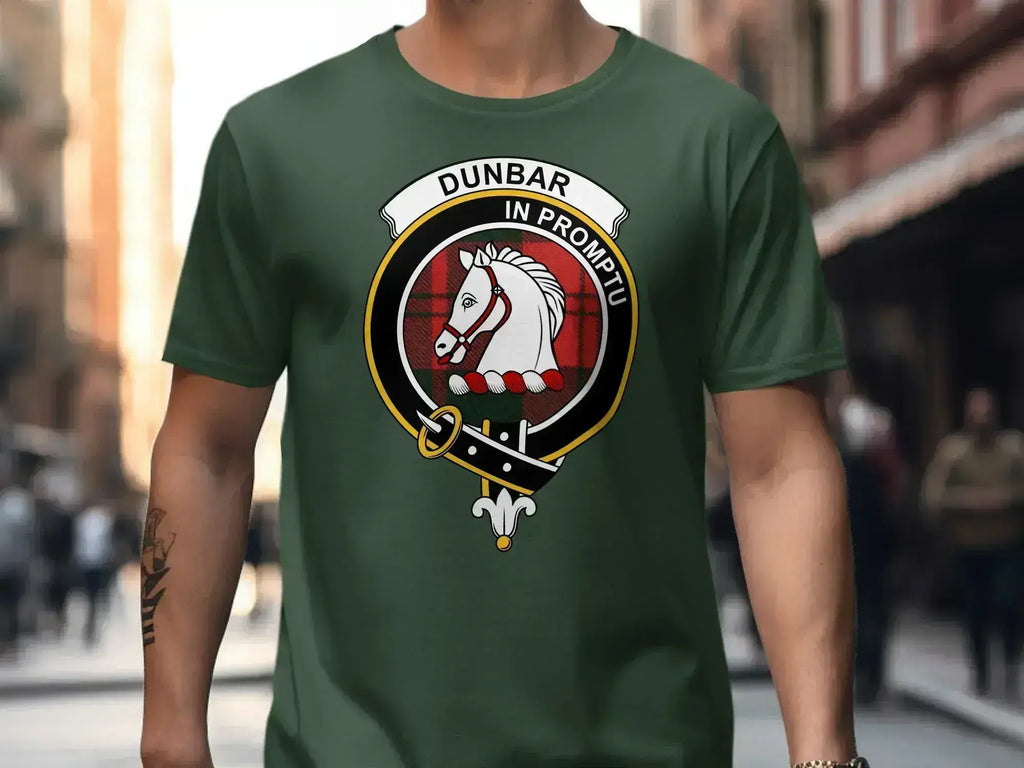 Clan Dunbar tartan t-shirt in royal blue — printed (not embroidered) clan crest, front view