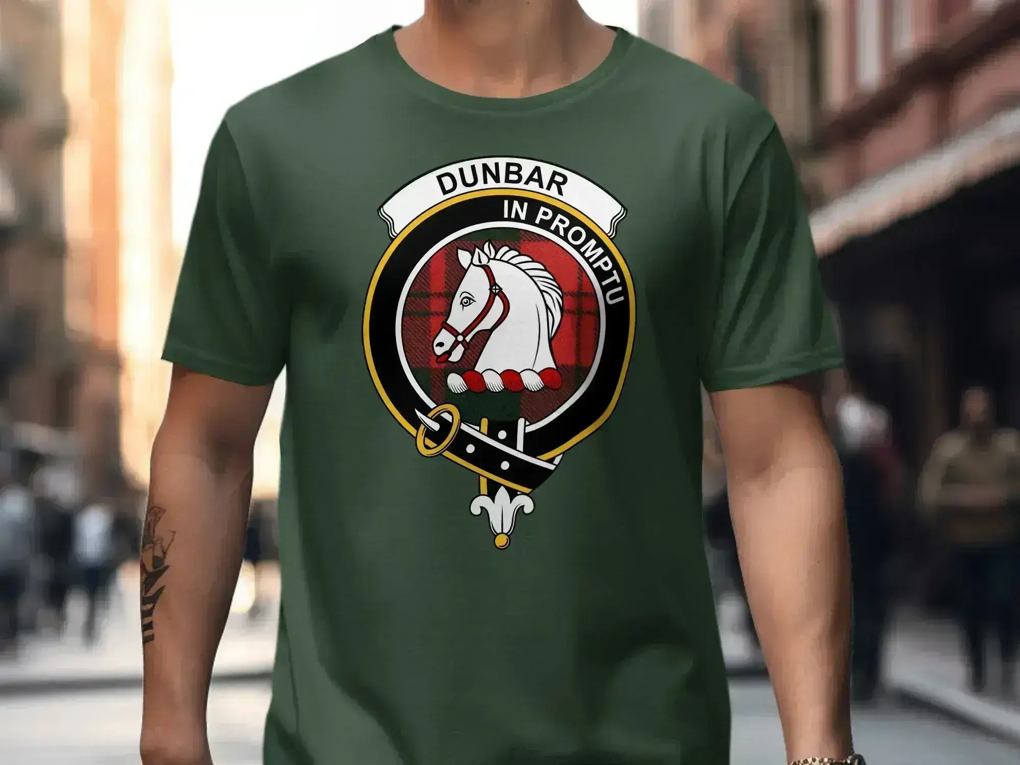 Clan Dunbar tartan t-shirt in royal blue — printed (not embroidered) clan crest, front view