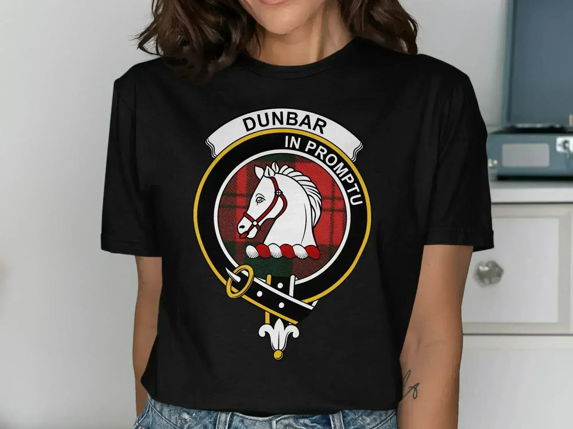 Dunbar clan crest t-shirt in black — front print showing crest detail, S to 3XL