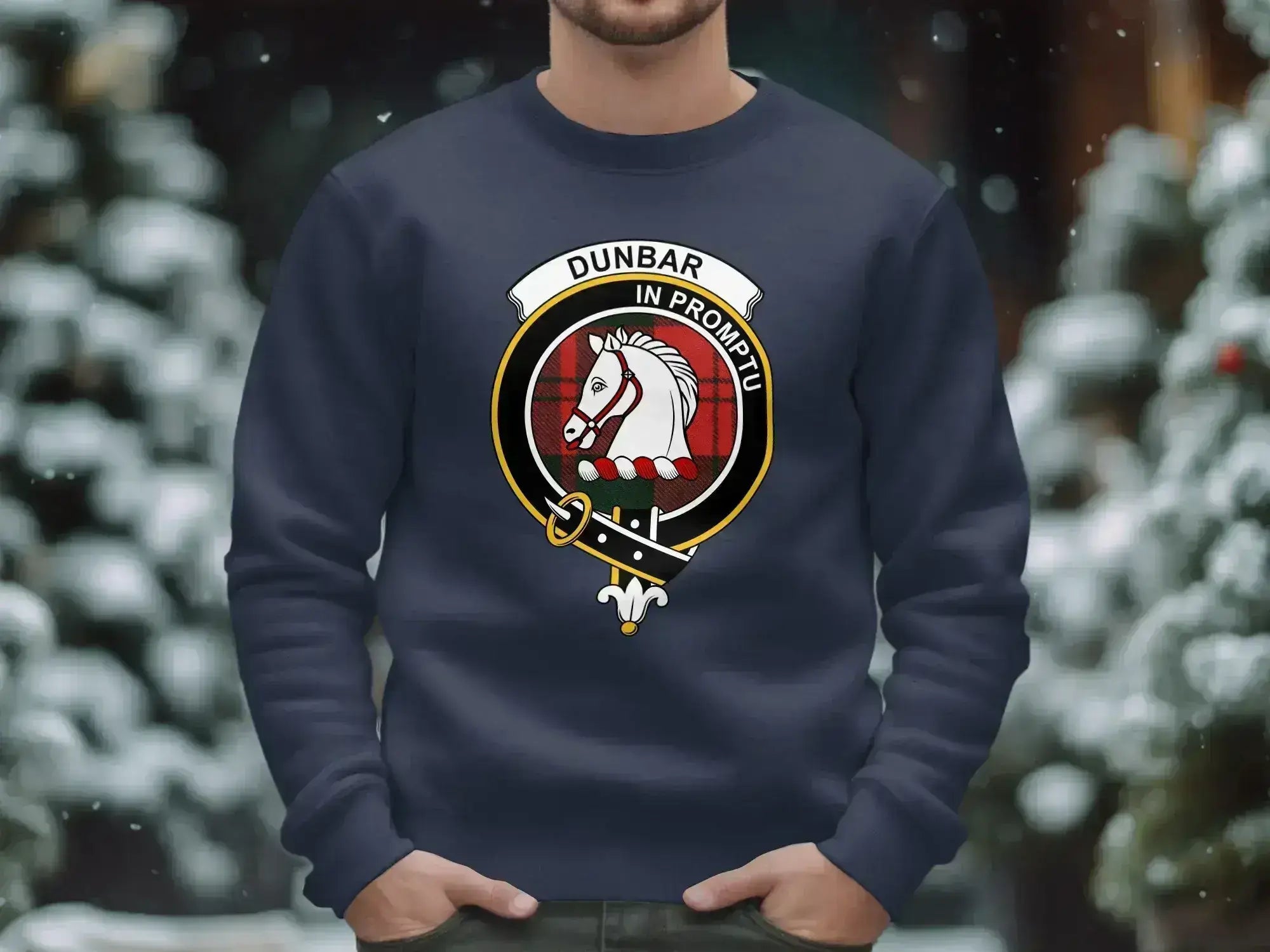 Dunbar clan crest crewneck sweatshirt in royal blue — heavyweight fleece, S to 3XL
