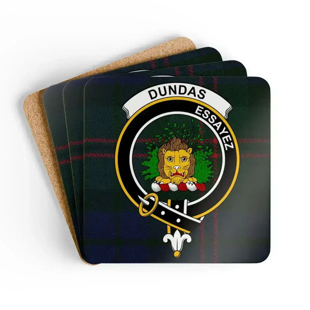 Clan Dundas tartan coaster set — square cork, full-colour lion crest print, top view