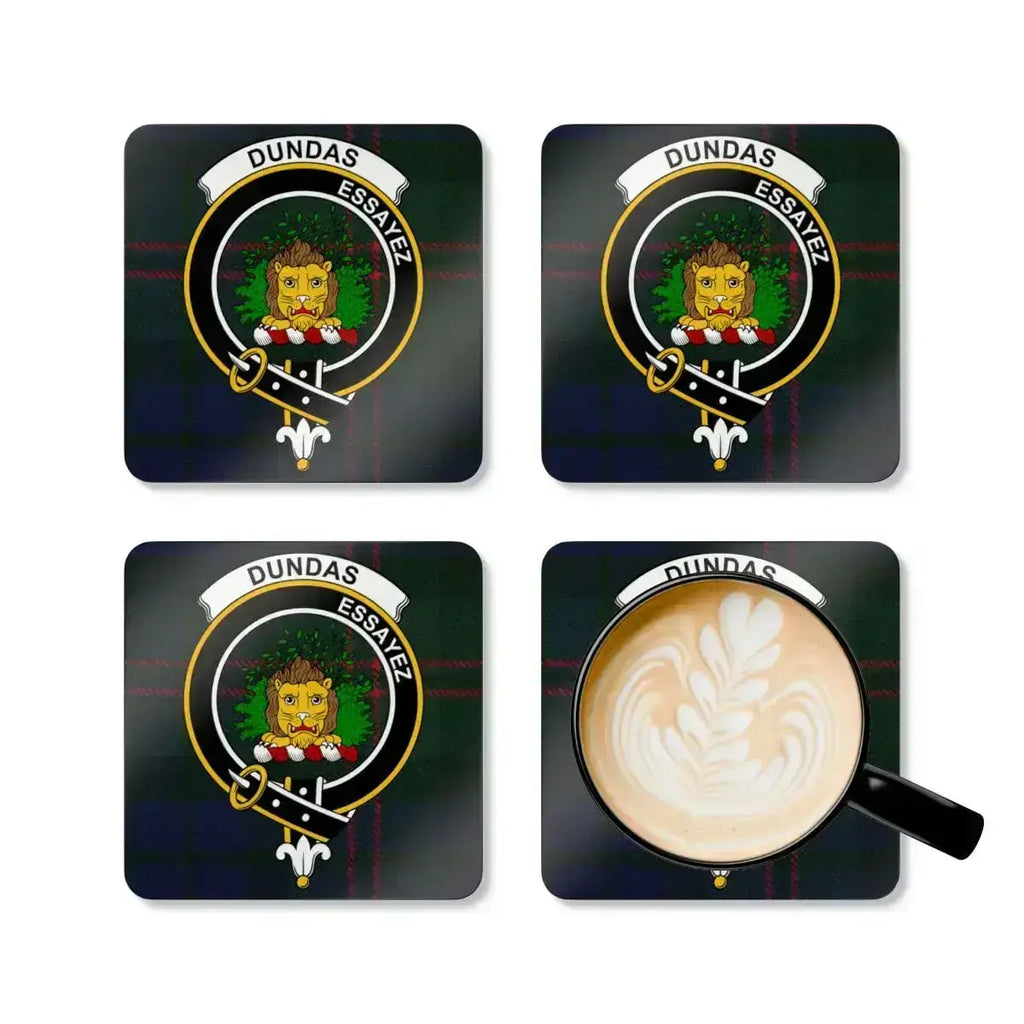 Dundas Scottish clan crest coasters — glossy finish showing tartan and motto Essayez