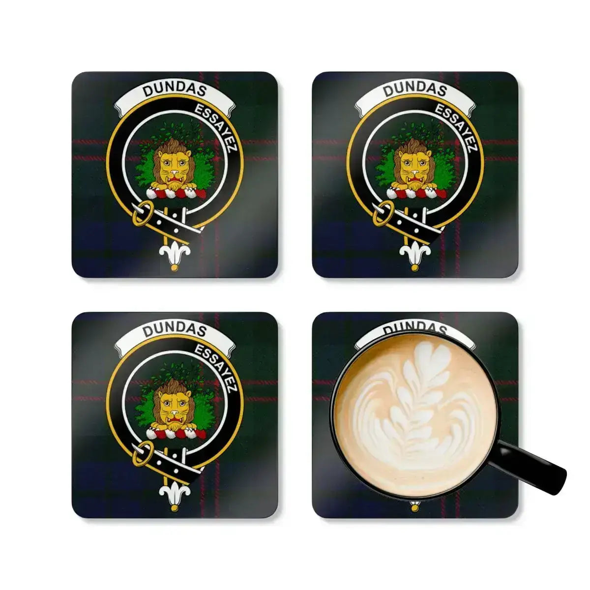 Dundas Scottish clan crest coasters — glossy finish showing tartan and motto Essayez