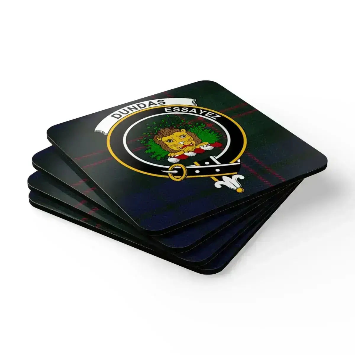 Dundas coaster set angled view — natural cork base, full-colour clan tartan and crest print