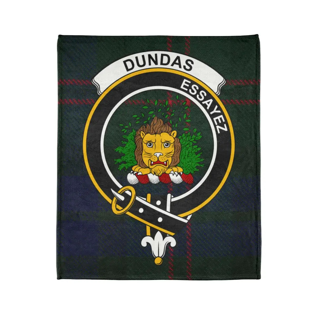 Dundas tartan throw blanket close-up — lion crest and motto Essayez in full colour