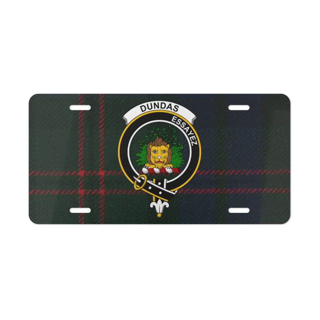 Clan Dundas Scottish tartan license plate — full-colour lion crest print, aluminium, wall display