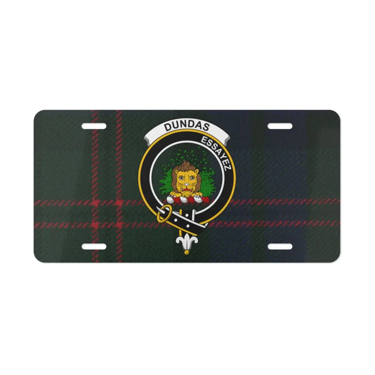 Clan Dundas Scottish tartan license plate — full-colour lion crest print, aluminium, wall display