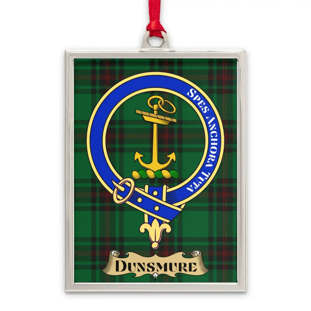 Dunsmure tartan-background crest ornament shown as a Scottish heritage keepsake gift