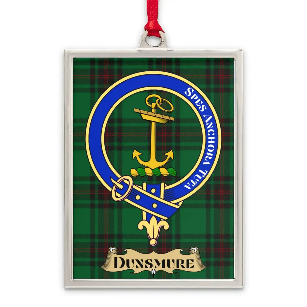 Dunsmure tartan-background crest ornament shown as a Scottish heritage keepsake gift