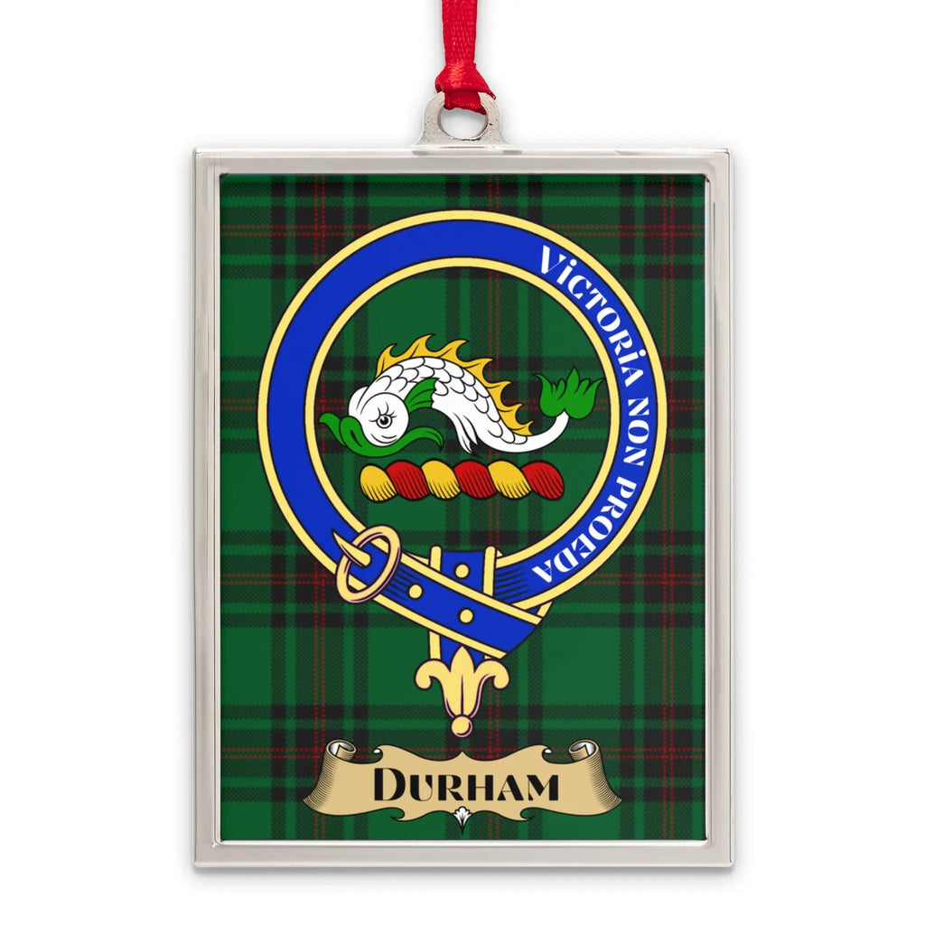 Durham tartan-background crest ornament shown as a Scottish heritage keepsake gift