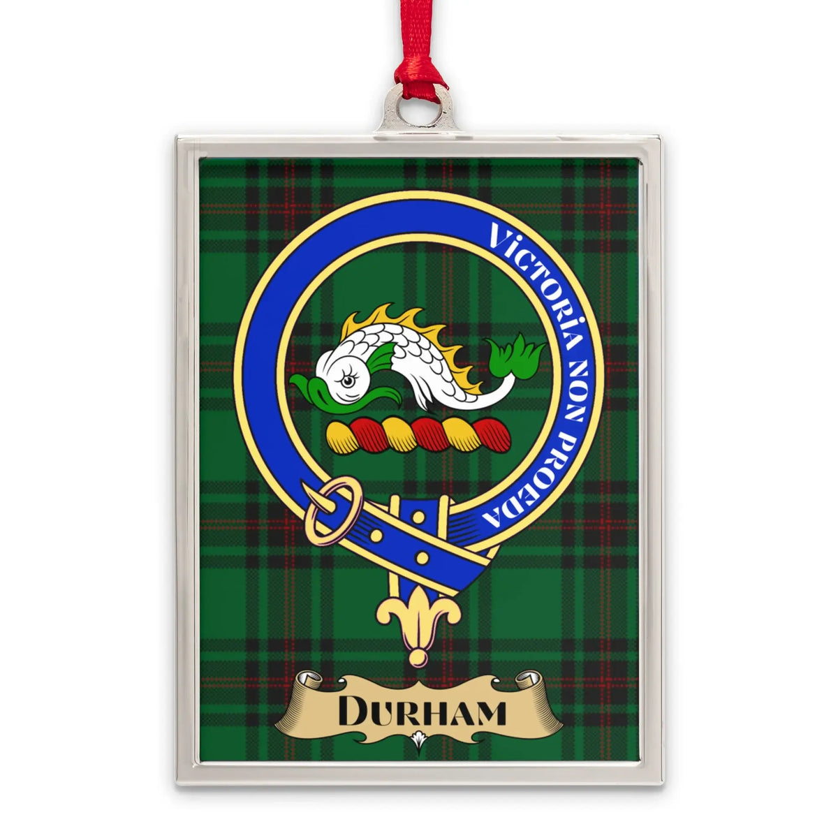 Durham tartan-background crest ornament shown as a Scottish heritage keepsake gift