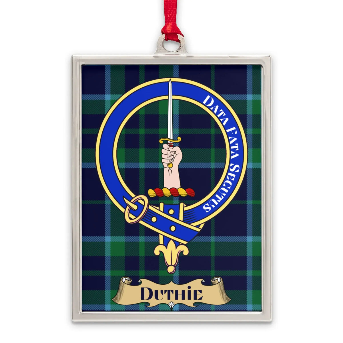 Duthie tartan-background crest ornament shown as a Scottish heritage keepsake gift