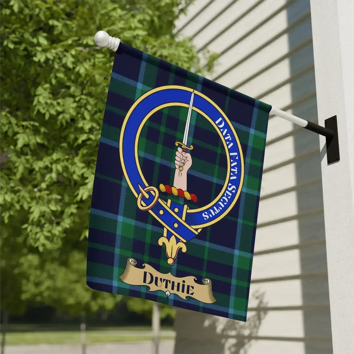 Duthie Family Crest Flag with Tartan Background