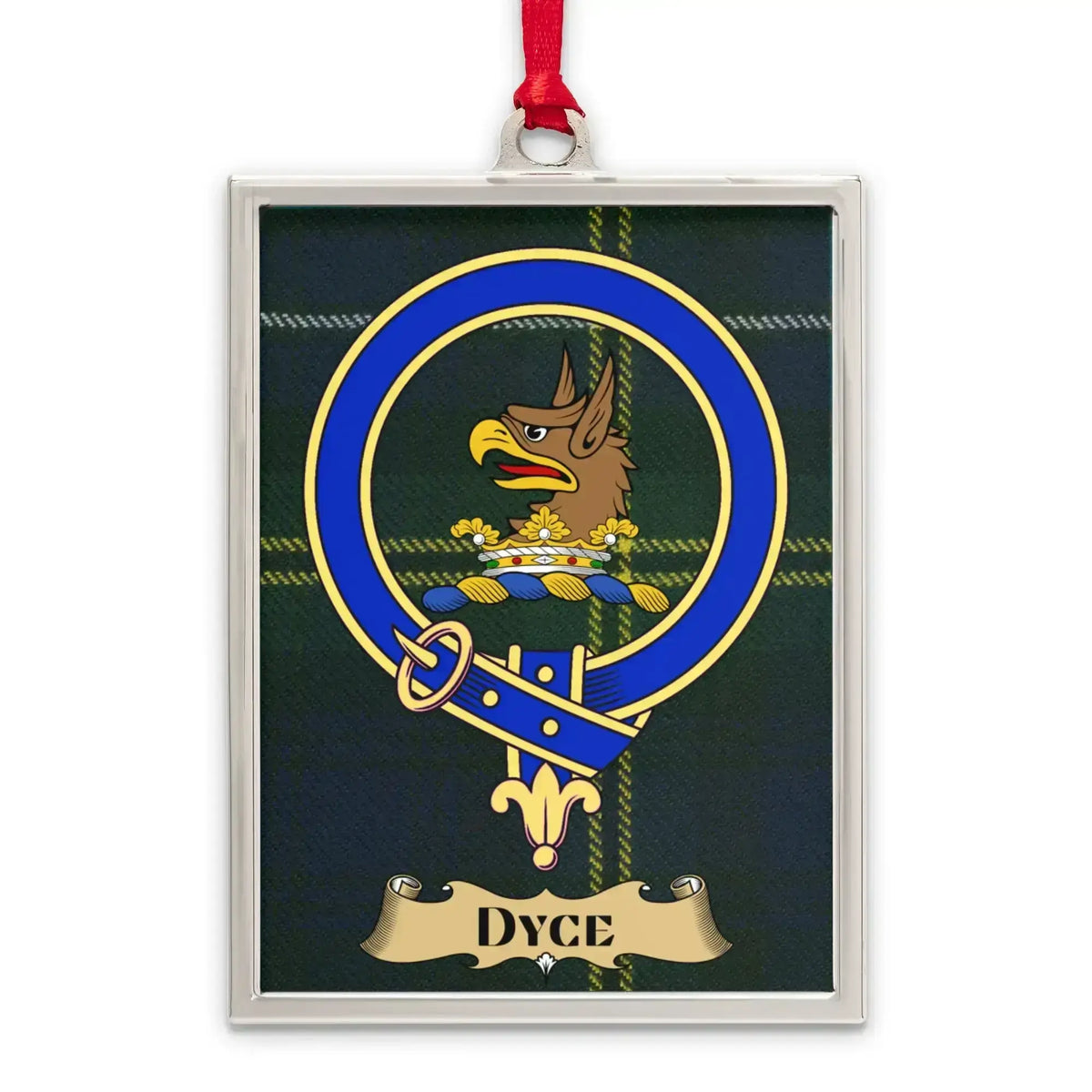 Dyce tartan-background crest ornament shown as a Scottish heritage keepsake gift