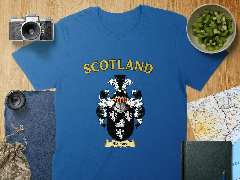Easton Scottish clan crest t-shirt — tartan-background design