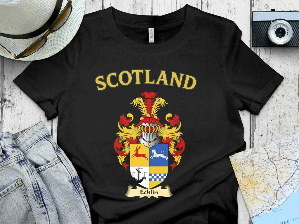 Echlin Scottish clan crest t-shirt — front view of the printed crest on a tartan background