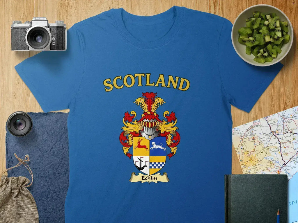 Echlin Scottish clan crest t-shirt — tartan-background design