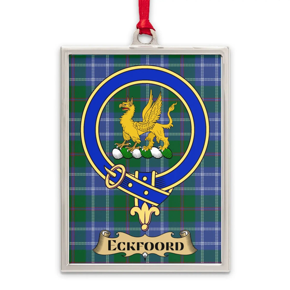Eckfoord tartan-background crest ornament shown as a Scottish heritage keepsake gift