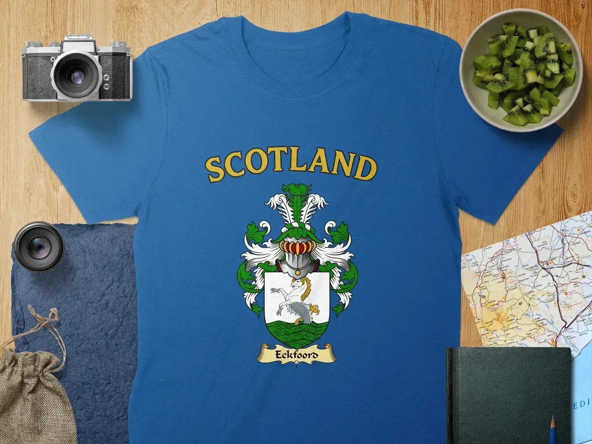 Eckfoord Scottish clan crest t-shirt — tartan-background design