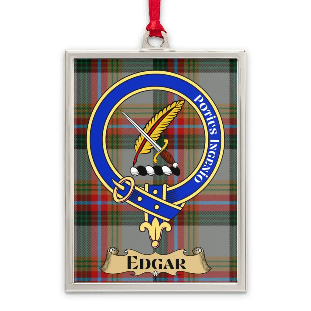 Edgar tartan-background crest ornament shown as a Scottish heritage keepsake gift