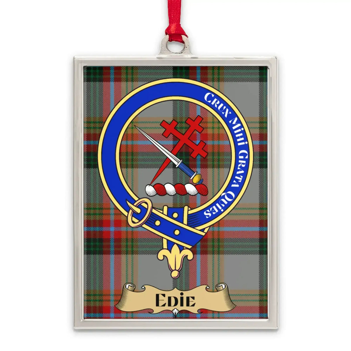 Edie tartan-background crest ornament shown as a Scottish heritage keepsake gift