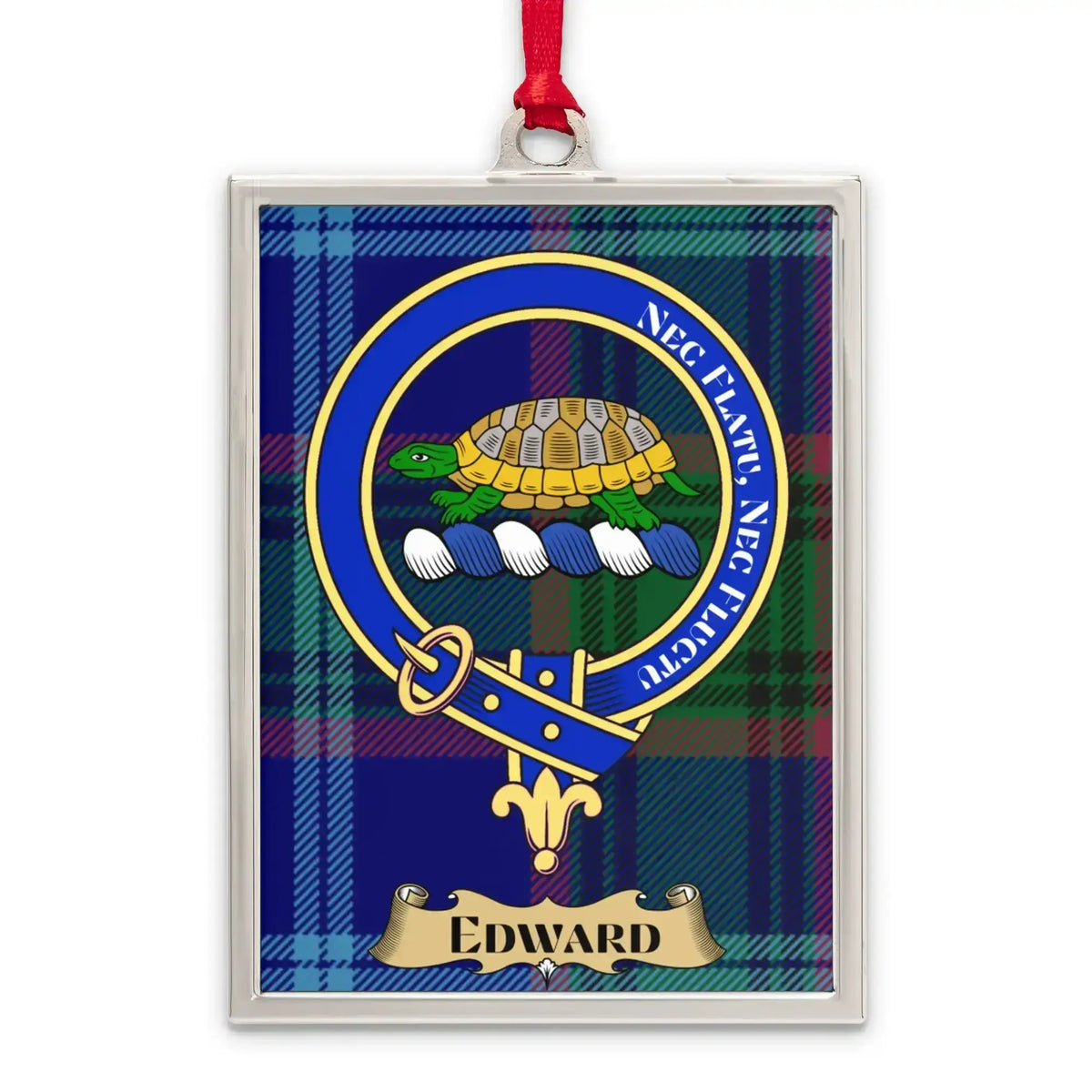 Edward tartan-background crest ornament shown as a Scottish heritage keepsake gift