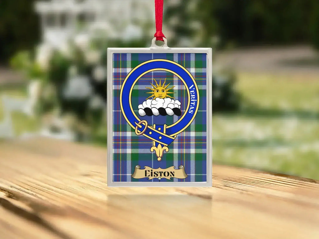 Close-up of the Eiston family crest on a polished silver-frame metal ornament