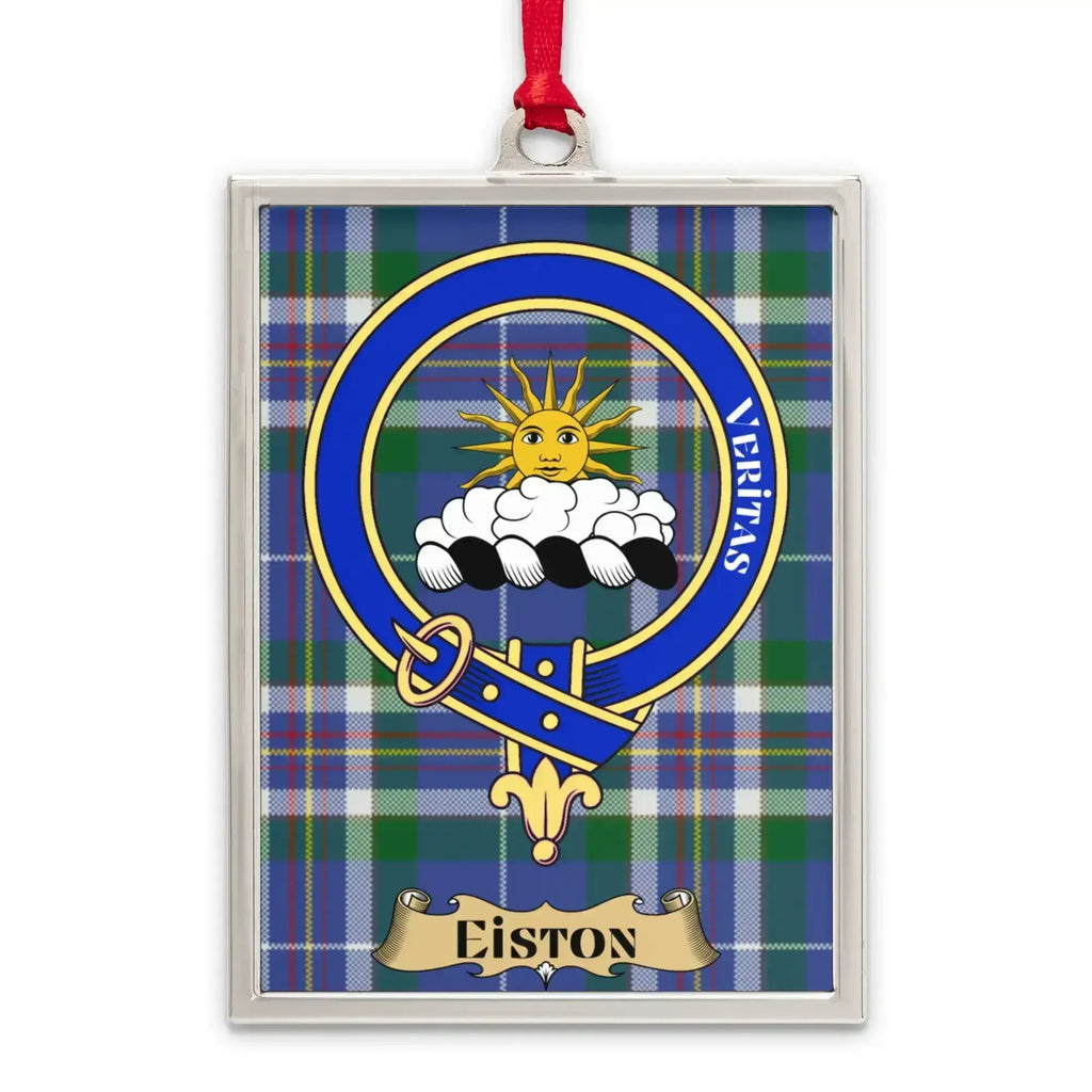 Eiston tartan-background crest ornament shown as a Scottish heritage keepsake gift