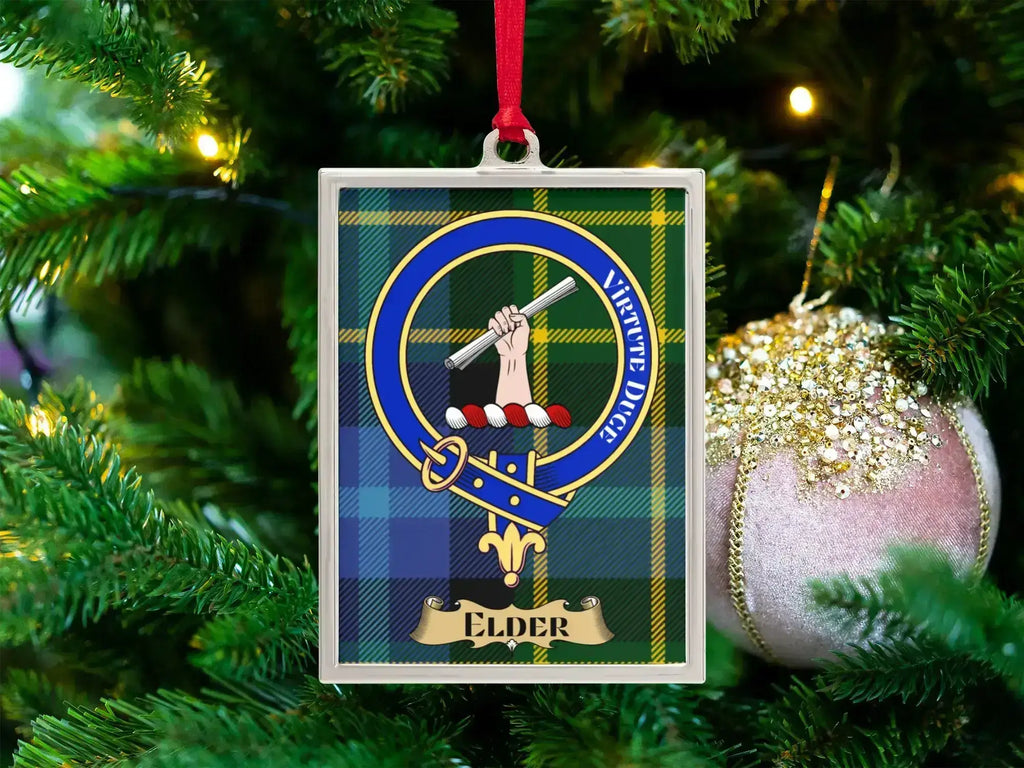 Elder clan crest Christmas ornament in a silver frame on a tartan background