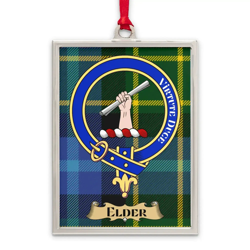 Elder tartan-background crest ornament shown as a Scottish heritage keepsake gift