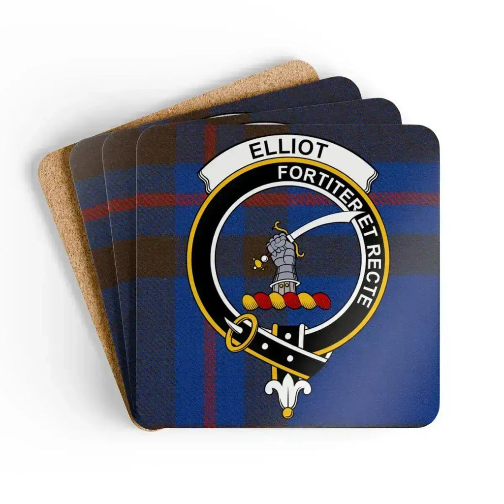 Elliot clan crest tartan coaster set of 4 — natural cork squares with sealed Fortiter et Recte design