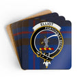 Elliot clan crest tartan coaster set of 4 — natural cork squares with sealed Fortiter et Recte design