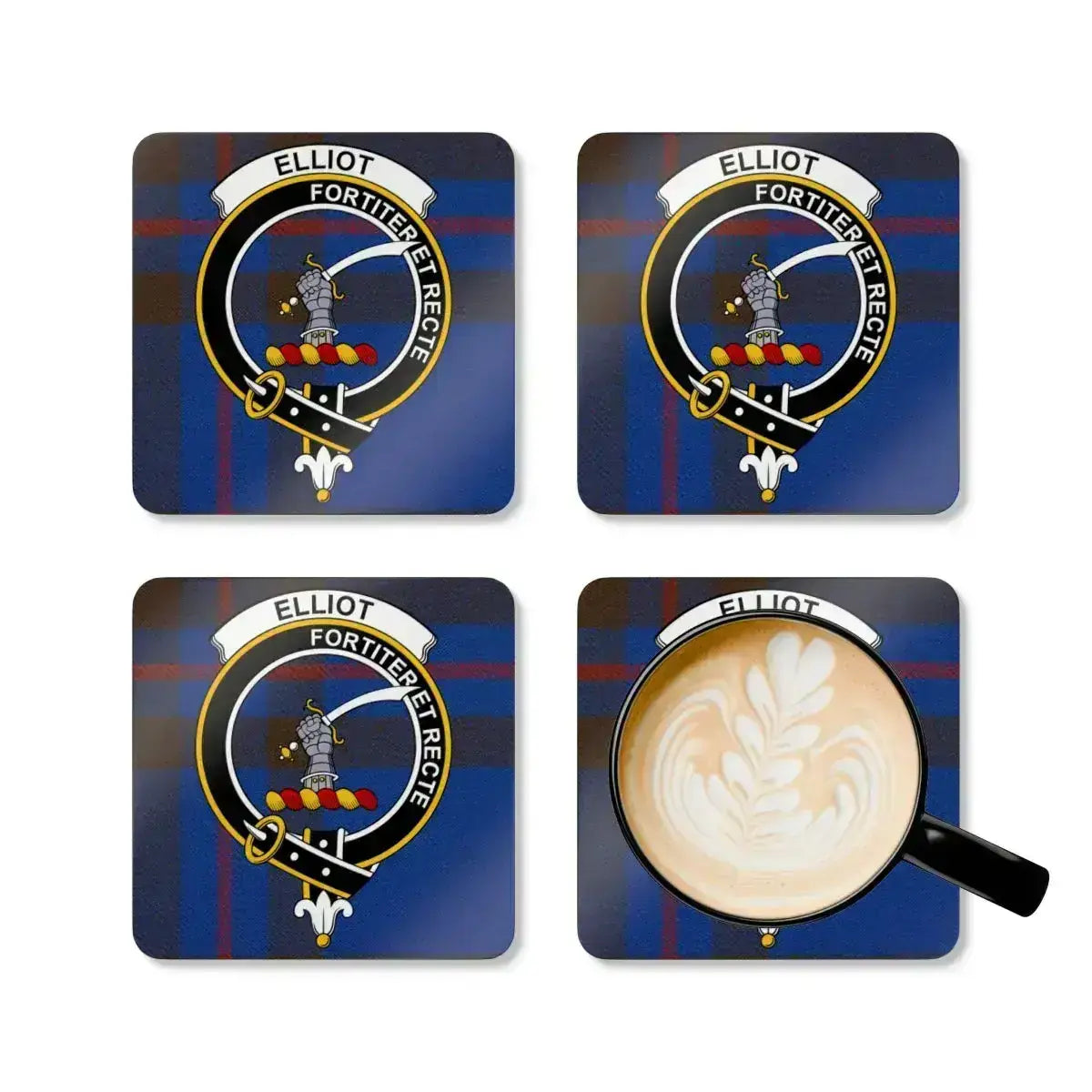 Elliot clan tartan shield design coaster set — four cork squares with clan crest