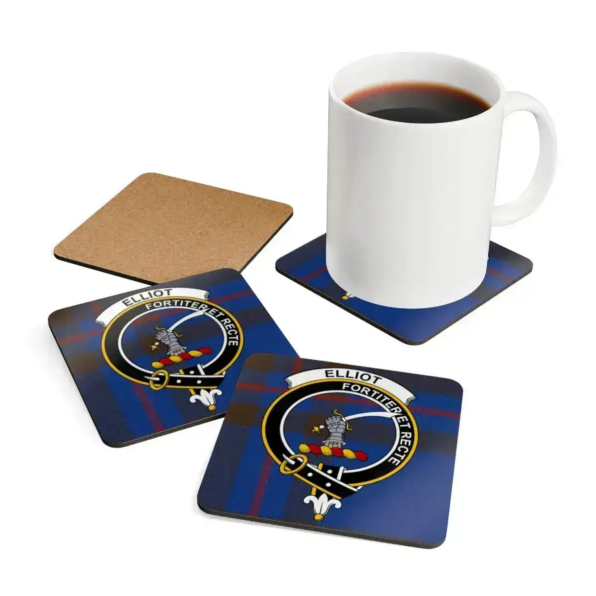 Elliot Fortiter et Recte clan coaster — 3.75-inch corkwood with glossy sealed heraldic print