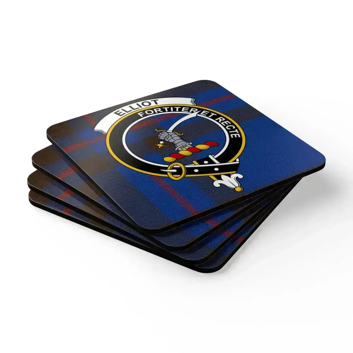 Elliot Fortiter et Recte clan coaster set — four natural cork squares with tartan design