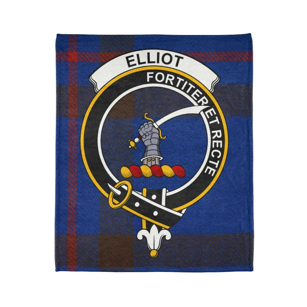 Elliot Fortiter Et Recte clan crest throw — blue and red tartan design, 50x60