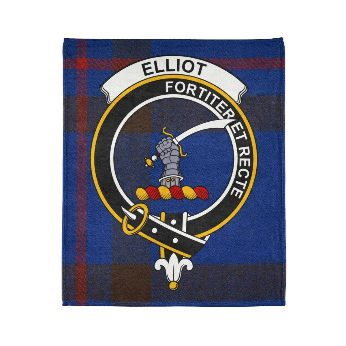 Elliot Fortiter Et Recte clan crest throw — blue and red tartan design, 50x60