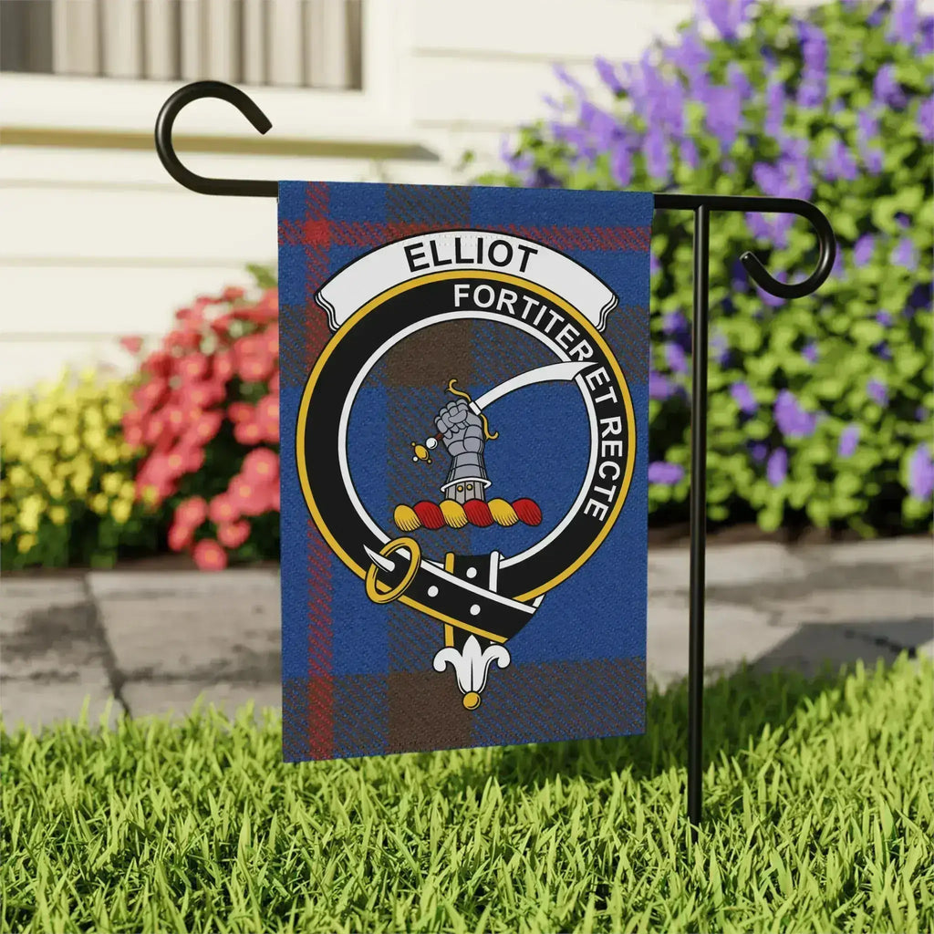 Elliot clan tartan garden flag — 24.5x32 inch outdoor size with clan crest