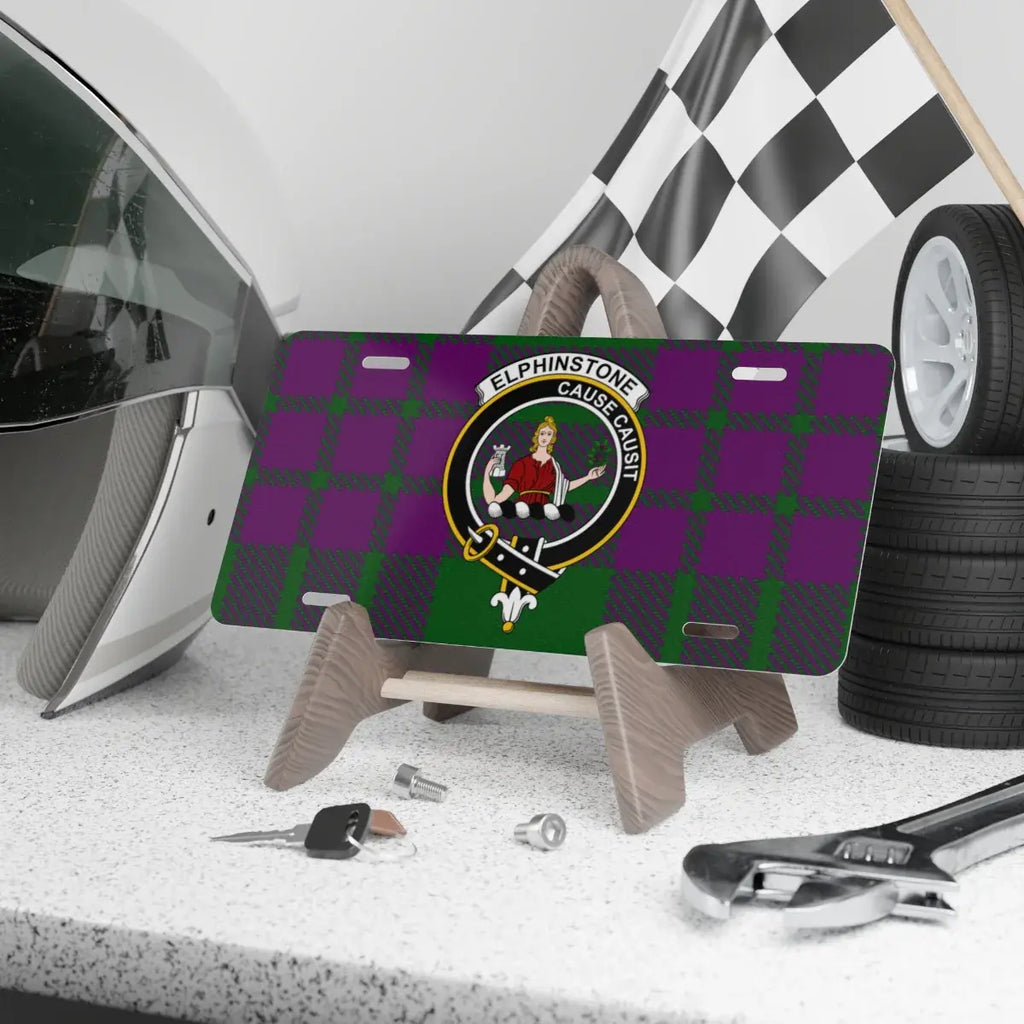 Clan Elphinstone tartan novelty license plate — 12x6 aluminium, crest and motto Cause Causit