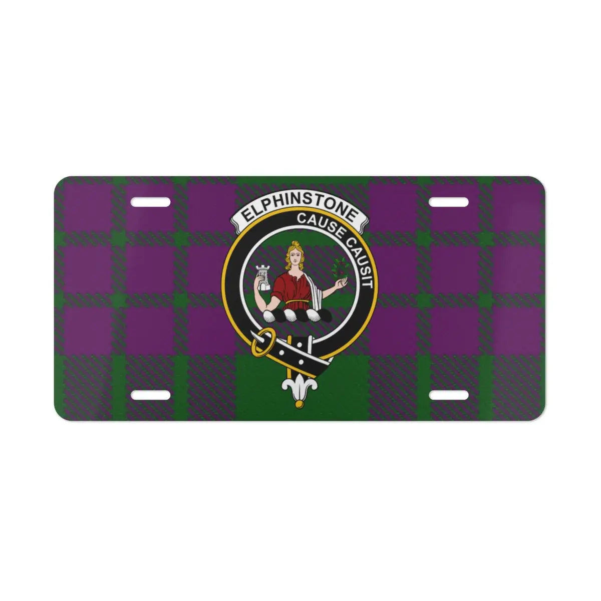 Clan Elphinstone Scottish tartan license plate — full-colour crest print, aluminium, wall display