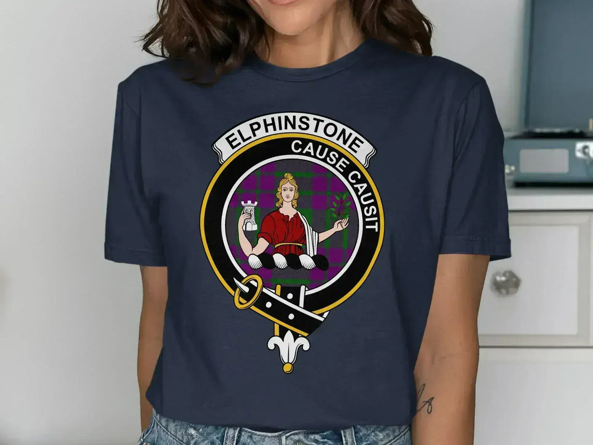 Elphinstone clan crest tee in black — soft cotton, front graphic, relaxed unisex fit