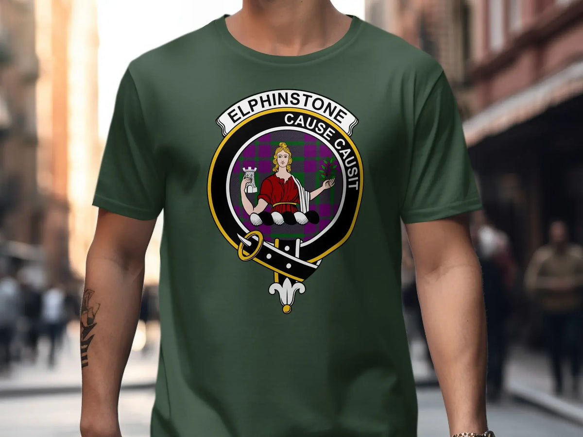 Clan Elphinstone tartan t-shirt in royal blue — printed (not embroidered) clan crest, front view