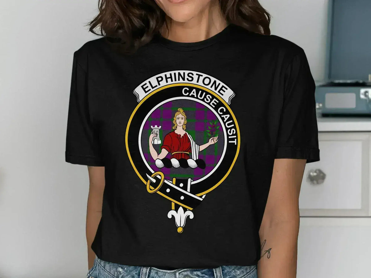 Elphinstone clan crest t-shirt in forest green — front print showing crest detail, S to 3XL