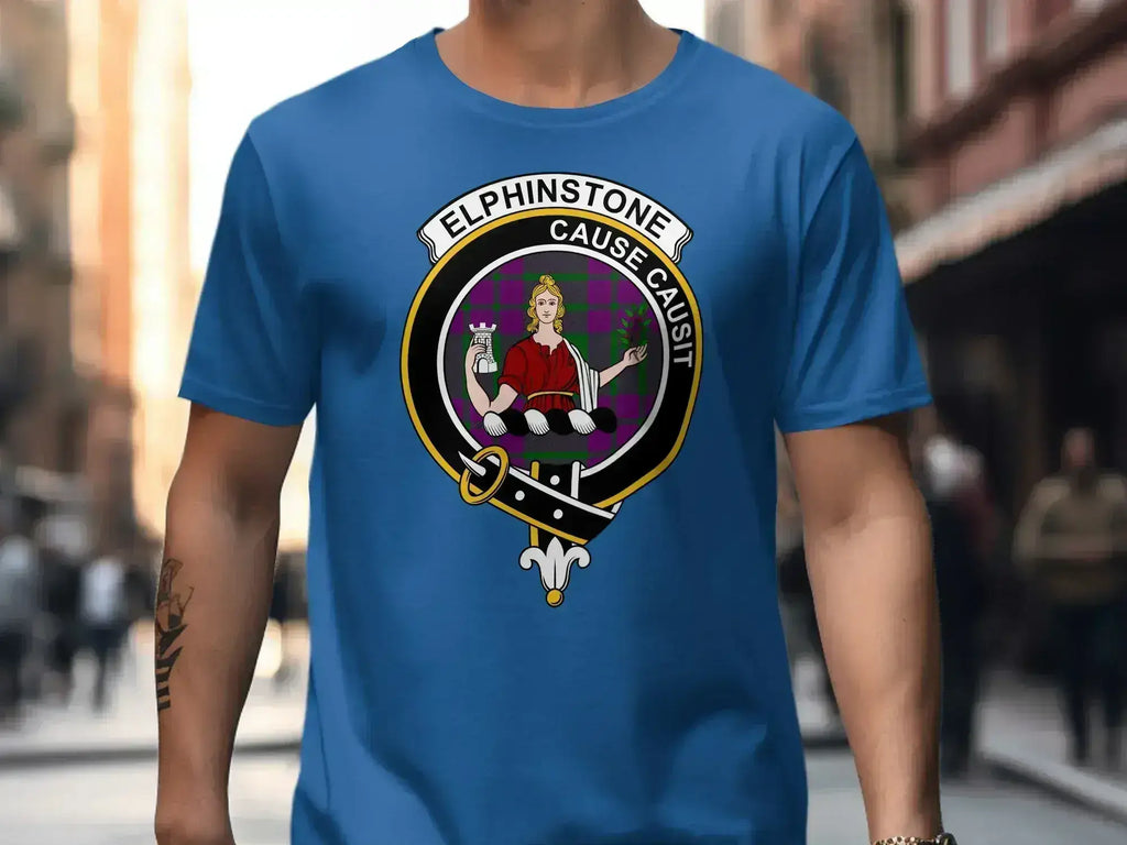 Elphinstone clan crest T-shirt lifestyle view with Cause Causit motto